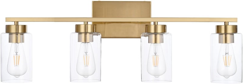 A1A9 4 Light Bathroom Vanity Light Fixtures, Brushed Brass Modern Wall Lights with Clear Glass Shade, Vintage Wall Sconce Lighting for Living Room, Mirror, Bedroom, Hallway (Gold, 4-Lights) - Image 2